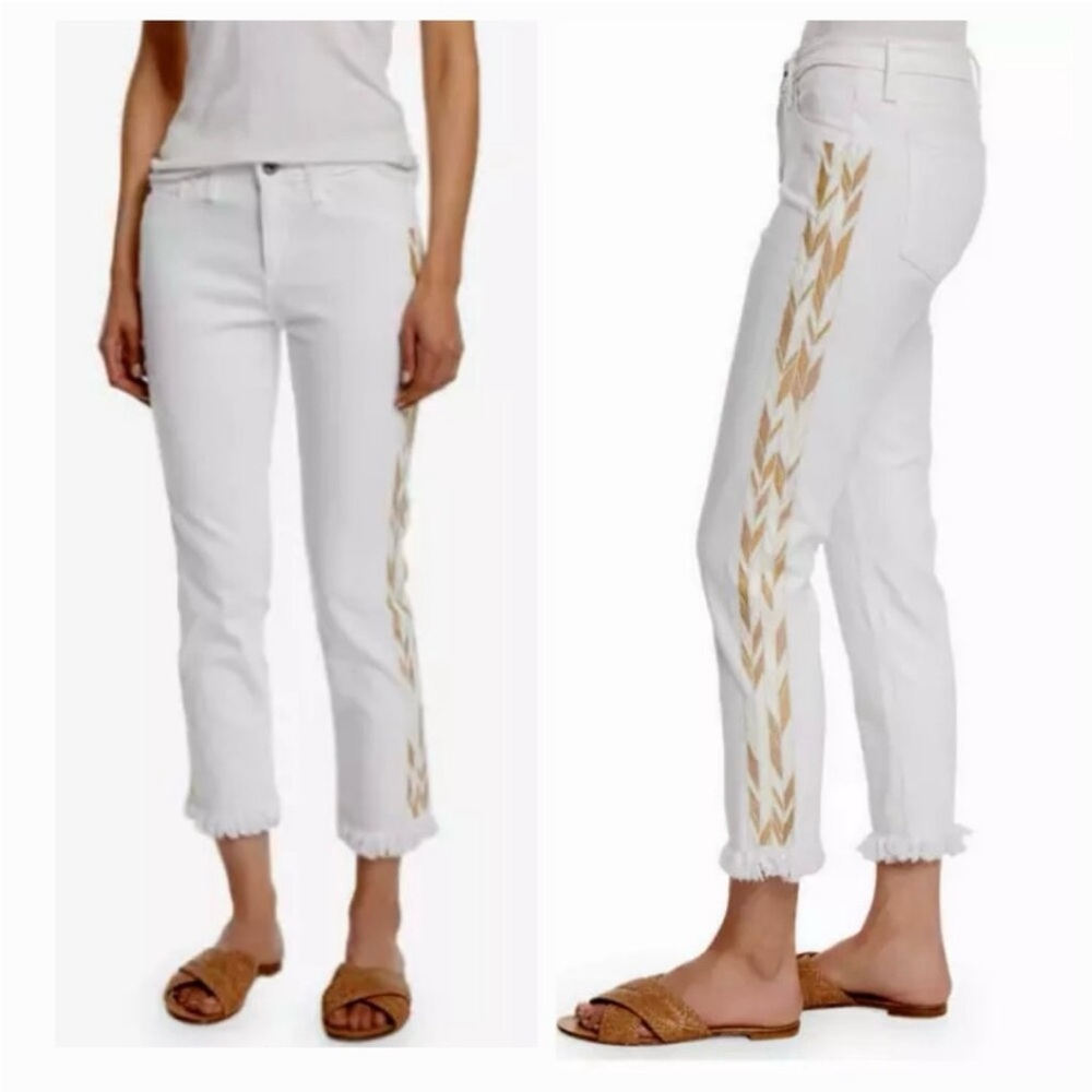 AG Adriano Goldschmied White and Tan Cropped Jeans